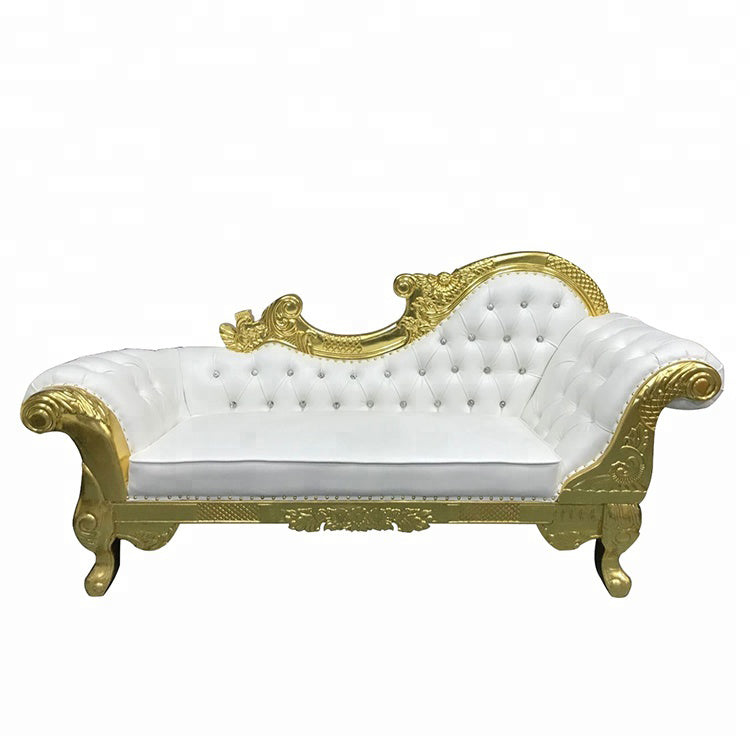 Curved White Leather & Gold Trim Love Seat