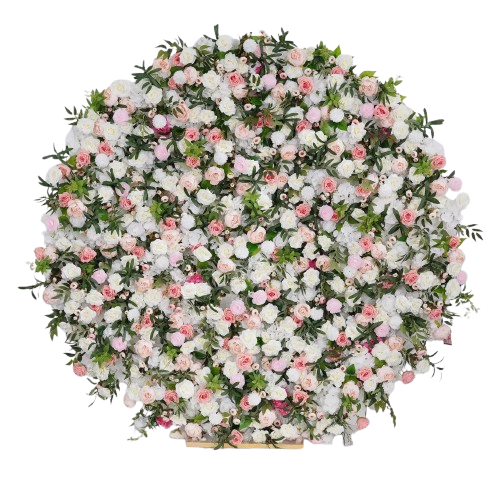 Blush & White Flower Wall Backdrop (Round) w/ Green Leaves