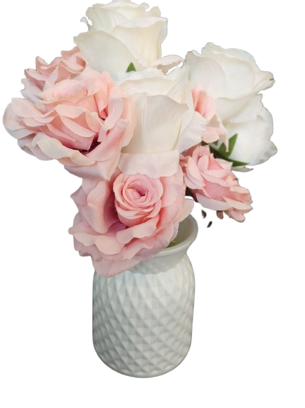 White Vase w/ Pink Floral Arrangement