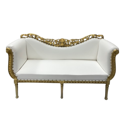Vintage White Leather &amp; Gold Trim Love Seat