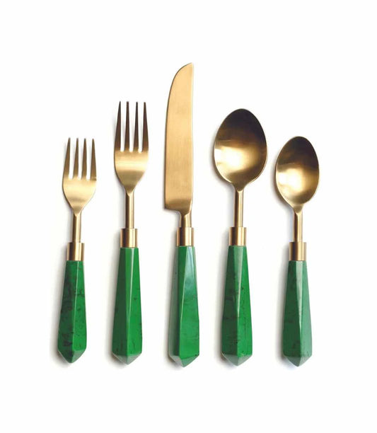 Matte Gold w/ Large Emerald Green Handle Cutlery Set