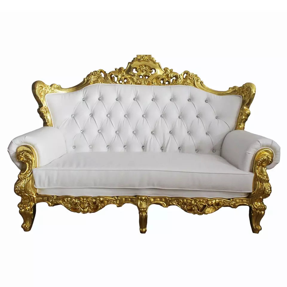 White Leather & Gold Trim Love Seat