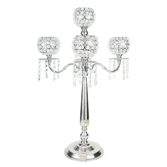 5 Armed Silver Candelabra Chandelier Style w/ Hanging Crystals