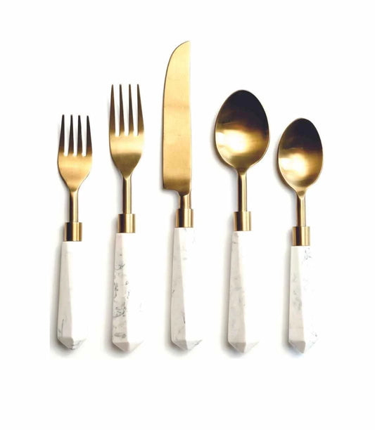Gold w/ Large White Marble Handle Cutlery Set